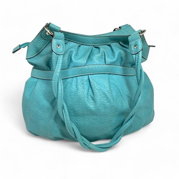 Strada Pleated Shoulder Bag Teal Blue Faux Leather Pink Lining 15"W x 12"H x 5"D - Picture 6 of 11